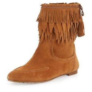 Aquazzura Tiger Lily Fringe Suede Bootie, Cognac western size 38